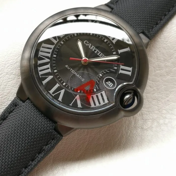 top-tier watch Cartier men's black dial blue balloon mechanical leather strap watch front view