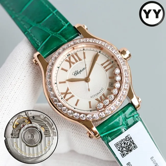 top-tier watch Chopard women's white dial green strap happy diamond HAPPY DIAMONDS series leather strap mechanical watch detail shots