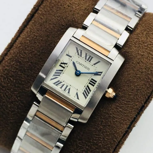 Side view of high-quality Cartier French tank women's quartz watch from a large manufacturer