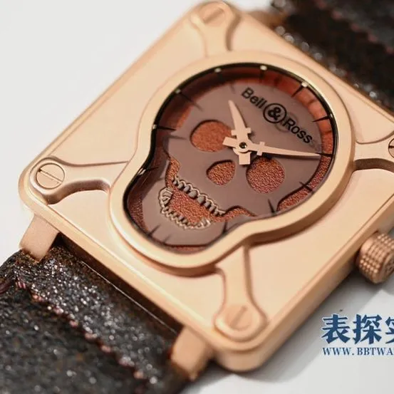 BRS men's Bell & Ross watch skull disc square leather strap model BR0192-SKULL-BR side view