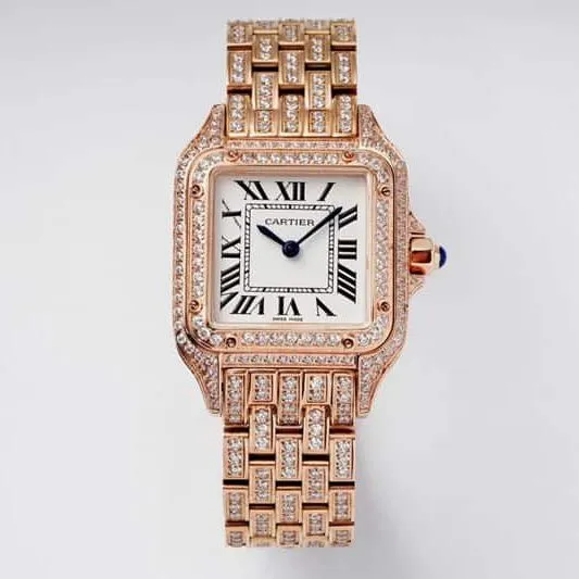 Cartiertop-tiersuper watch cheetah full diamond series ladies steel bracelet mechanical rose gold watch front view