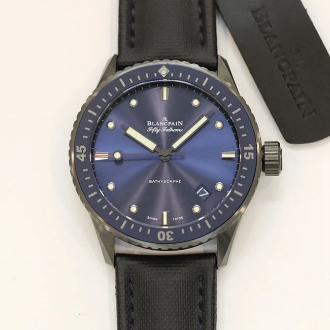 top-tier watch Blancpain men's blue dial nylon strap fifty fathom series watch detail shots