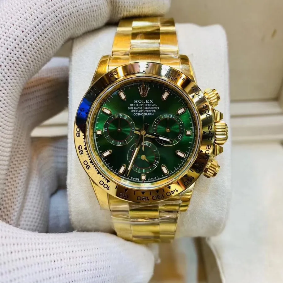 top-tier watch Rolex men's green dial gold band watch front view