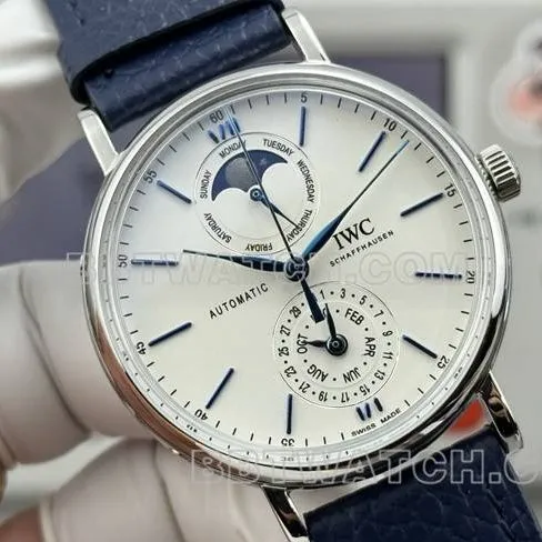 watch Portofino GR factory IWC white dial blue needle blue leather strap model side live photo