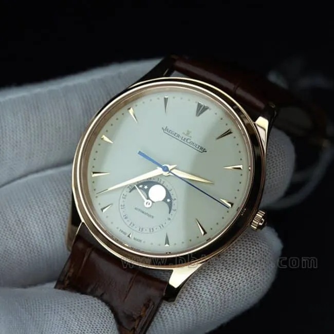 ZF Factorytop-tier watch Jaeger-LeCoultre master series true moon phase men's white dial brown belt business casual automatic movement temperament watch side view