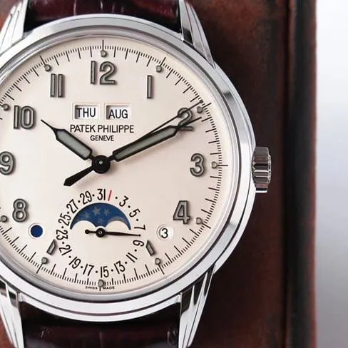 GS factory top-tier watch Patek Philippe men's white dial brown belt super complex function timepiece leather strap watch side view