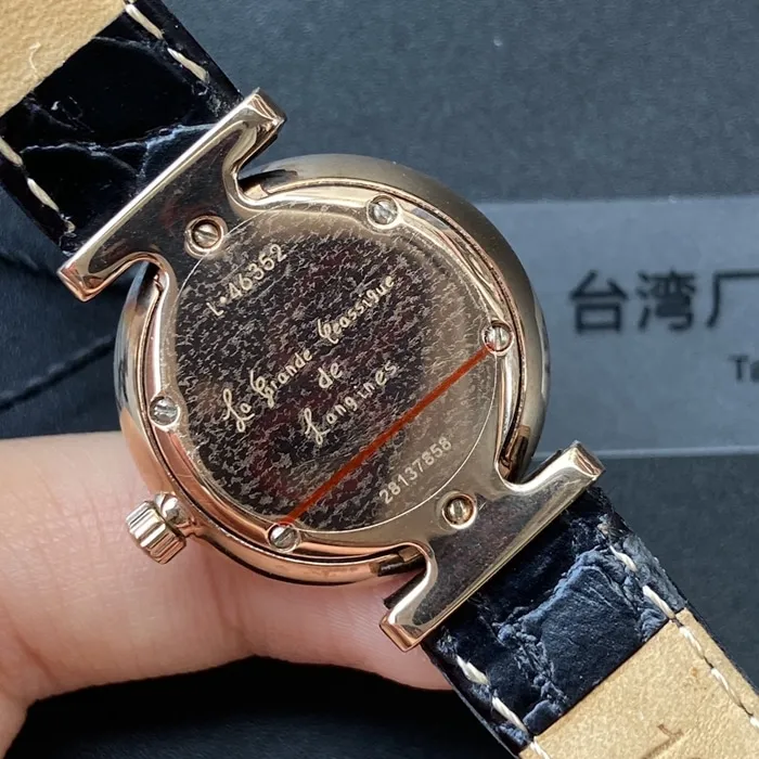 top-tier watch Longines couple watch white dial black belt Jialan series quartzleather strap watch front view