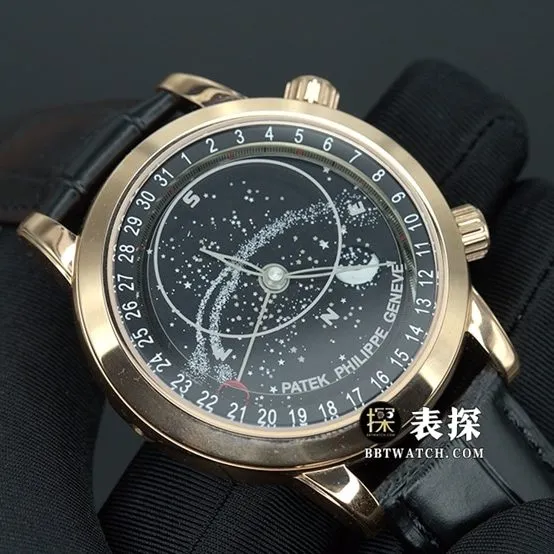 YL super complex function timepiece Patek Philippe1:1replica watch starry sky black dialleather strap model 6102R-001caseback live photo