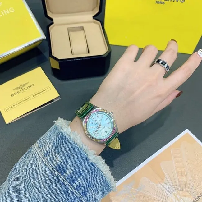 top-tier replicaBreitling Nanhai capsule series fully automatic movementchronograph women's white dial green strap watch front view
