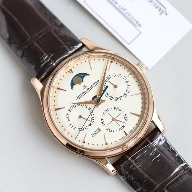 TW factory Jaeger-LeCoultremoon phase watch three major complex function master series fully automatic movement men's white dial brown belt watch top-tier replicaleather strapdetail shots