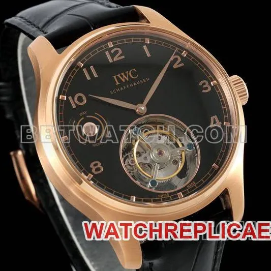 IWC1:1replica watch RMS factory Portugal black dialrose goldtourbillon mechanical leather strap model braceletlive photos
