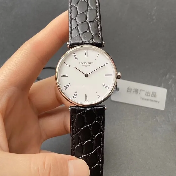 top-tier watch Longines couple watch white dial blue belt elegant Jialan series quartzleather strap watch front view