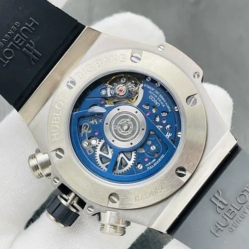 top-tier replicaHublot Big Bang Series 44MM silver case blue rubber watch front view
