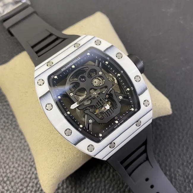 JB factory top-tier watch Richard Mille skull real tourbillon automatic movement men's black dialrubber strap watch side view
