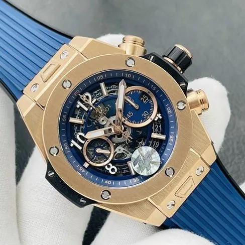 top-tier replicaHublot Big Bang Series 44MM gold case blue rubber watch front view