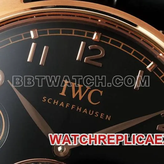 IWC1:1replica watch RMS factory Portugal black dialrose goldtourbillon mechanical leather strap model side live photo