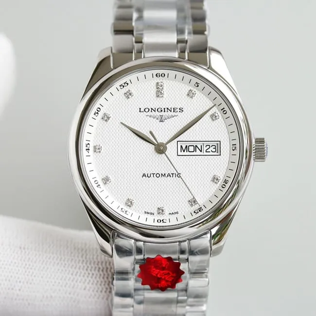 KL factory top-tier watch Longines famous craftsman double date displayl2.775white dial diamond watch front view