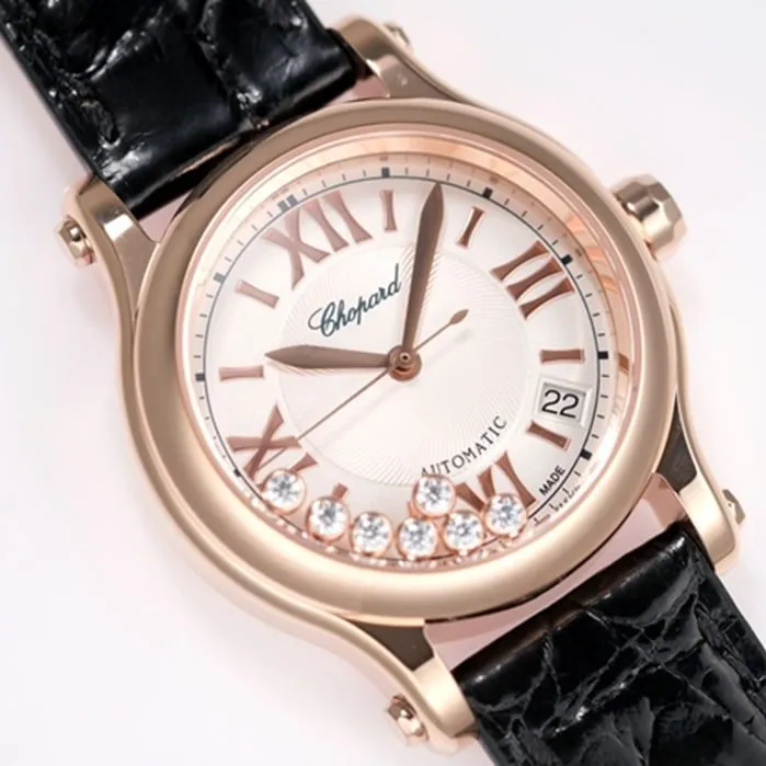 Top collectible watches Chopard Women's White Plate Black Strap Happy Diamonds Collection Side View