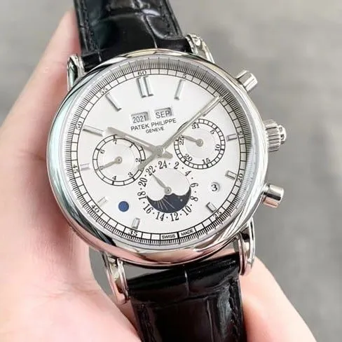 Patek Philippetop-tier watch complex function chronograph series men's white dial fully automatic movementleather strapdetail shots