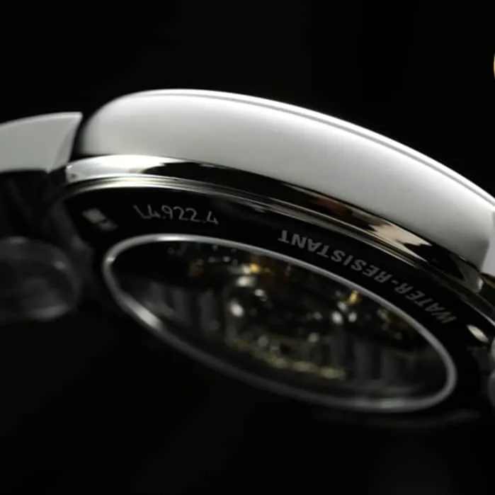 top-tier watch Longines men's gray plate black belt magnificent leather strap watch side view