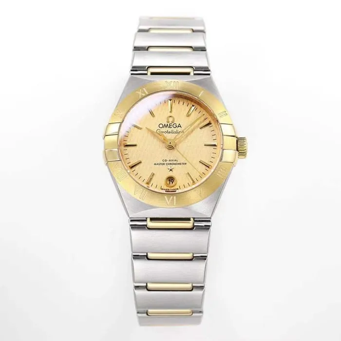top-tier watch Omega women's gold plate constellation series steel bracelet watch front view