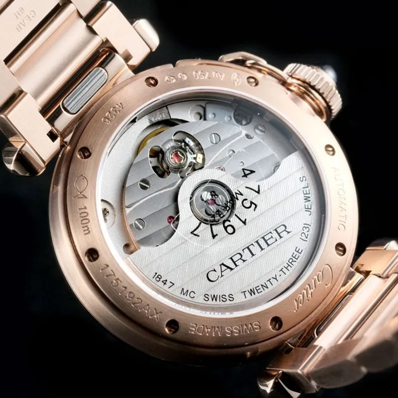 Front View of the Cartier Pasha Series Women's Automatic Mechanical Watch with White Dial and Rose Gold Case (collectible)