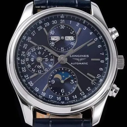 KL factory Longinestop-tier watch famous moon phase series men's blue dial blue belt automatic movementleather strap watch front view