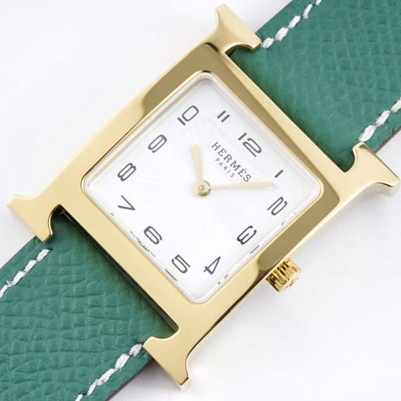 top-tierhigh-quality Hermès ladies' watchHeureH series quartz square fashion watch light blue braceletrose gold plate front view