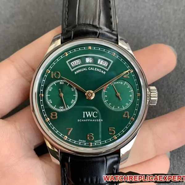 ZF FactoryIWCreplica watch Portuguese series perpetual calendar date day display month green dial moving gold needle side view