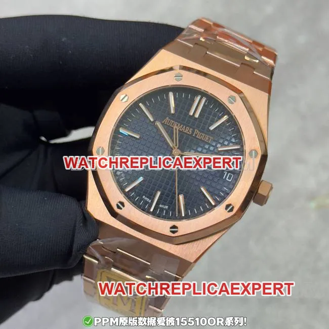watch PPM factory Royal Oak Audemars Piguet black dial rose gold steel band front real shot photo
