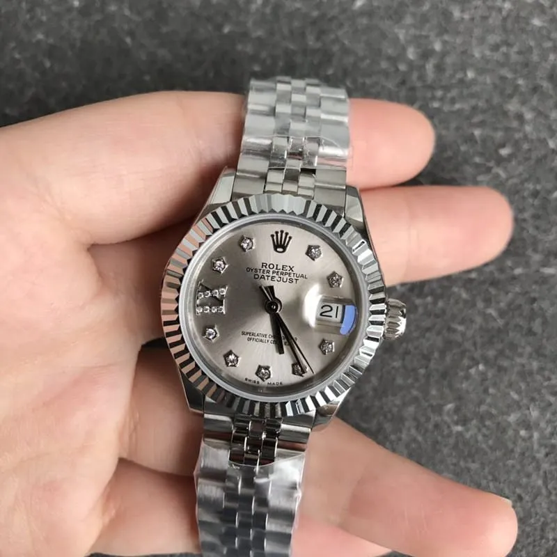 Rolex Datejust watch, women's watch, 28mm, mechanical, fluted bezel, grey dial, side view