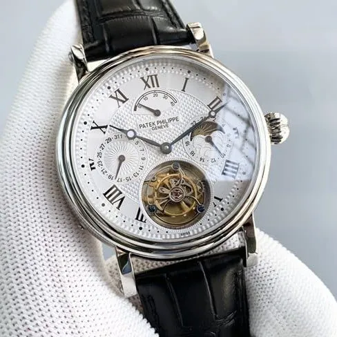 top-tier watch Patek Philippe men's white dial black belt automatic complex function series tourbillonleather strap watch side view
