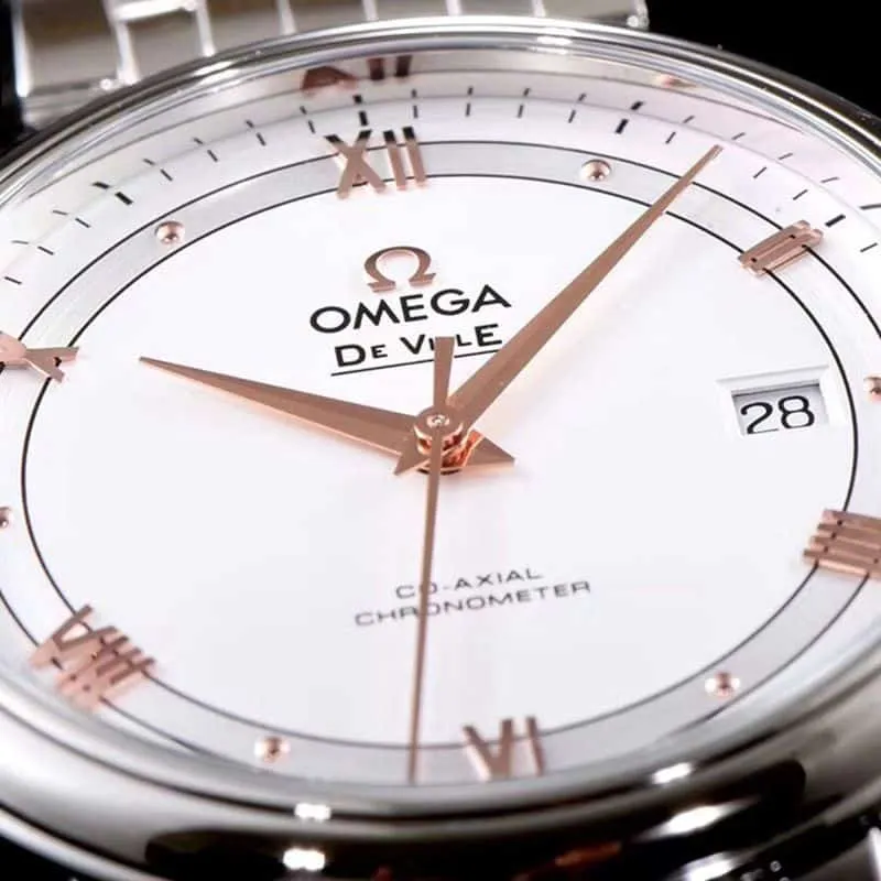 Omegasuper watch disc flying business series men's mechanical ultra-thin watch white steel rose gold scale detail shots