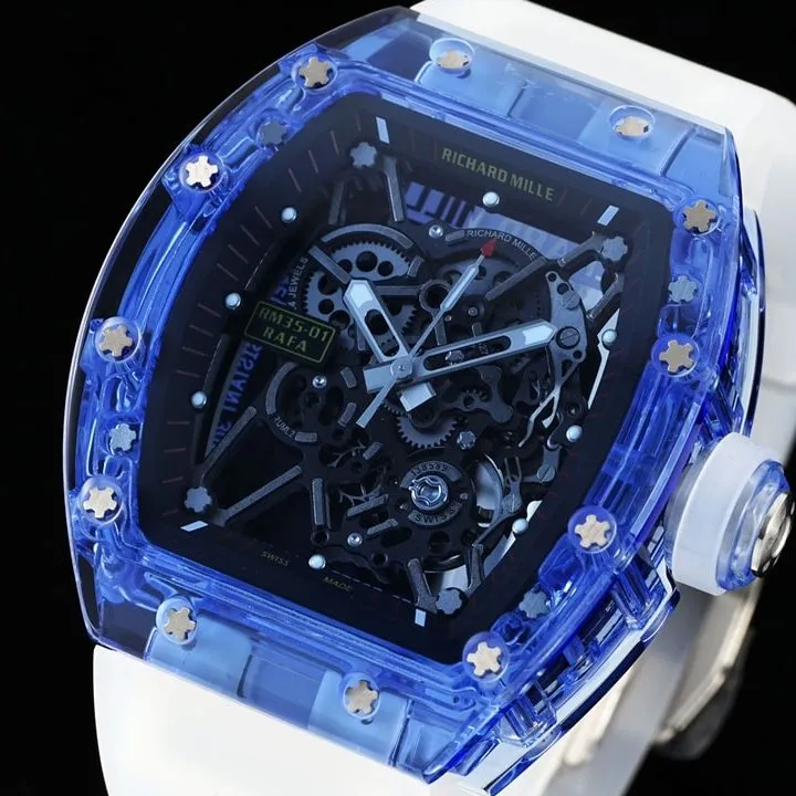 Richard Mille men's top-tier 1:1super watch blue transparent hollow disc rubber model RM35-01side live photo