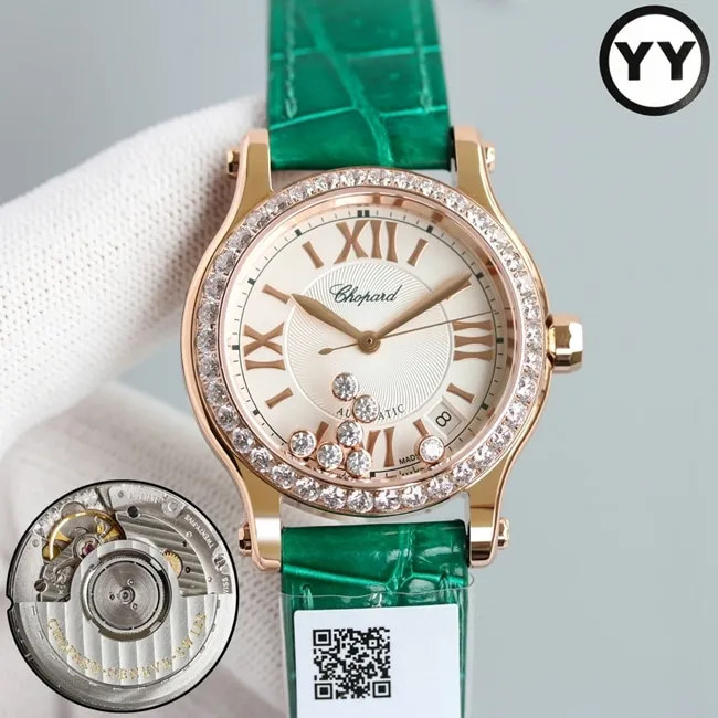 top-tier watch Chopard women's white dial green strap happy diamond HAPPY DIAMONDS series leather strap mechanical watch detail shots