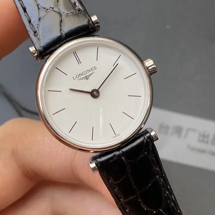 Top collectible watches Longines Couple Pair Watch White Plate Black Strap Karan Series Simple Quartz Belt Wristwatch Side View