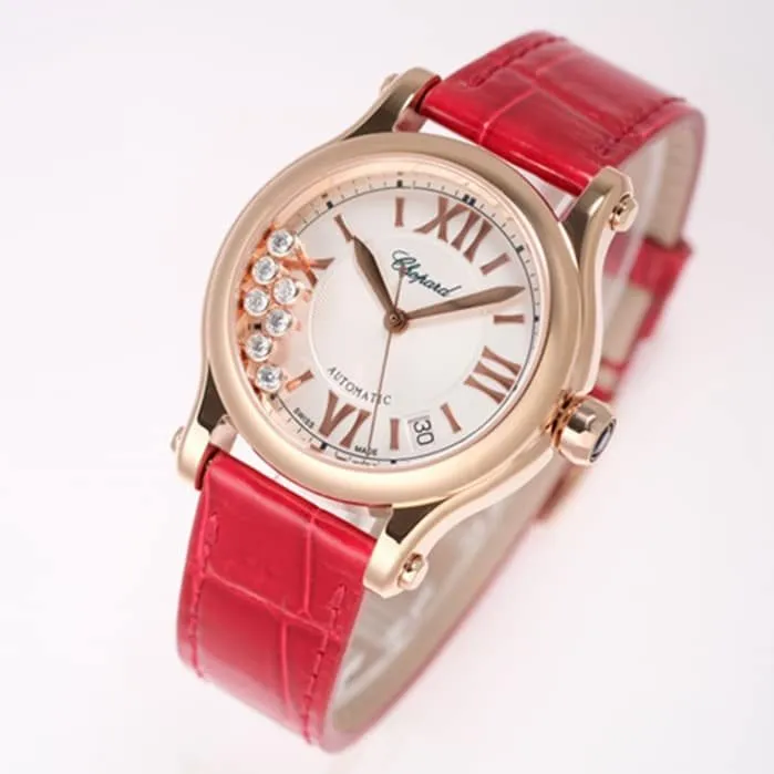 Top-tier watch Chopard women's white dial red band happy diamond series leather strap watch side view