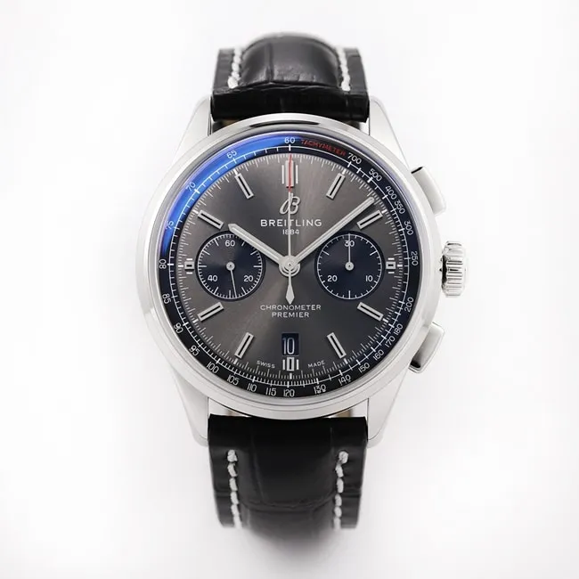 GF FactoryBreitlingtop-tier watch v2 upgraded version automatic movement men's black dial black leather strap watch front view