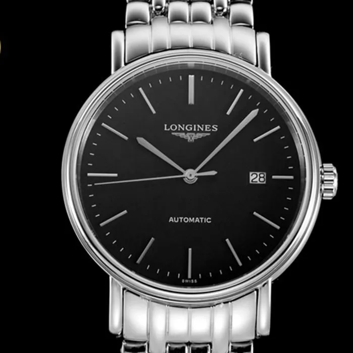 top-tier watch Longines men's black dialsteel bracelet magnificent series watch side view