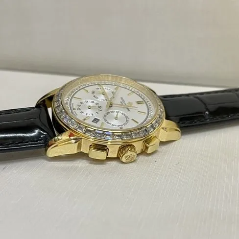 top-tier watch Patek Philippe women's white dial black belt complex chronograph function series leather strap watch front view