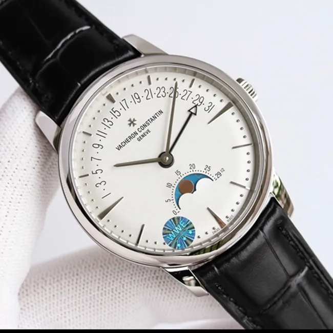 top-tier watch Vacheron Constantin men's white dial black belt heritage series automatic movement watch detail shots