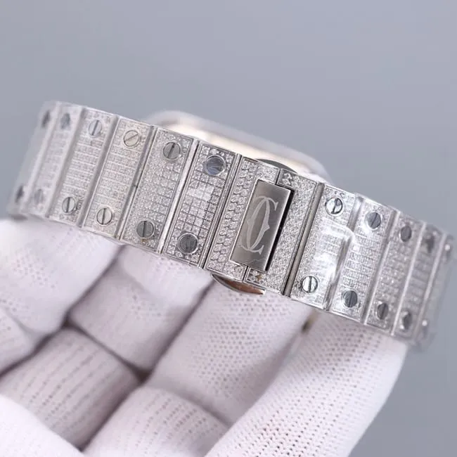 top-tier real diamond replicaCartier Santos baby's breath white dial watch front view