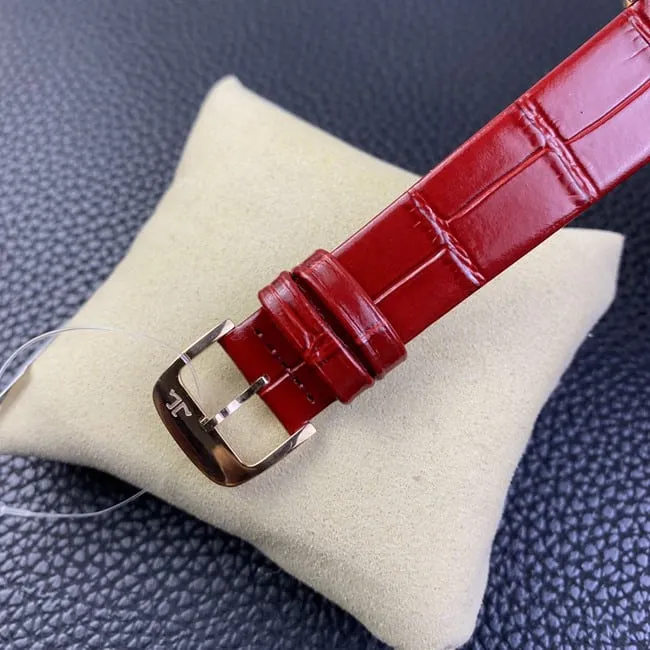 Jaeger-LeCoultretop-tier watch ladies white dial red dot moon phase master automatic movementleather strap side view