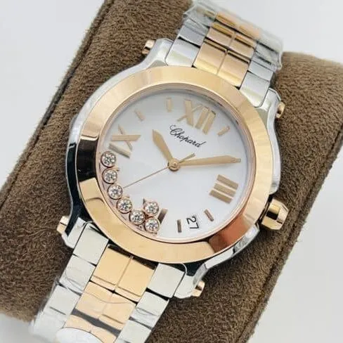 YF factory top-tier watch ChopardHAPYDIAMONDS series ladies indirect rose golddial watch with diamonds side view