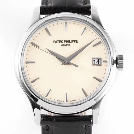 ZF Factorytop-tier watch Patek Philippe men's white dial black belt mechanical classical series leather strap watch side view