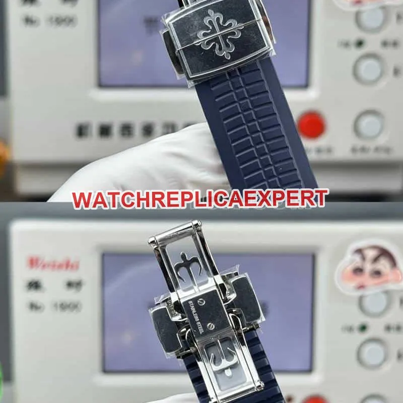 top-tier watch Patek PhilippeP1 factory grenade blue dial mechanical blue rubber model 5968caseback live photo