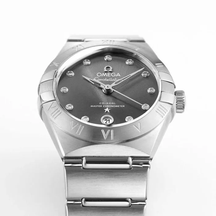 top-tier watch Omega women's black dial constellation series steel bracelet watch front view