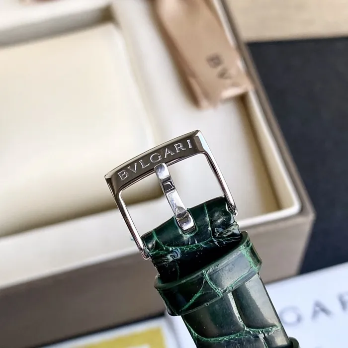 top-tier watch Bvlgari women's blue dial green strap LVCEA series quartzleather strap watch front view