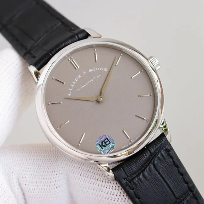 top-tier Lange SAXONIA series two-hand silver steel case front view