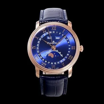 OM FactoryBlancpaintop-tier watch men's blue dial blue belt villeret classic 6654 new V3 upgraded leather strap watch front view